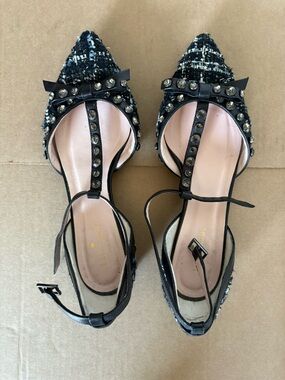 Kate Spade Black Tweed Studded Pointed T-Strap Flats